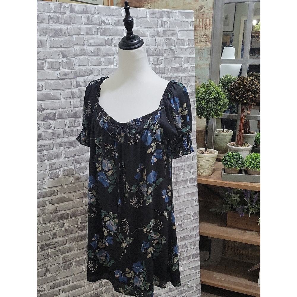 TRIXX Clothing Company  Babydoll Tunic Dress,black,  Blue Floral Print Womens XL